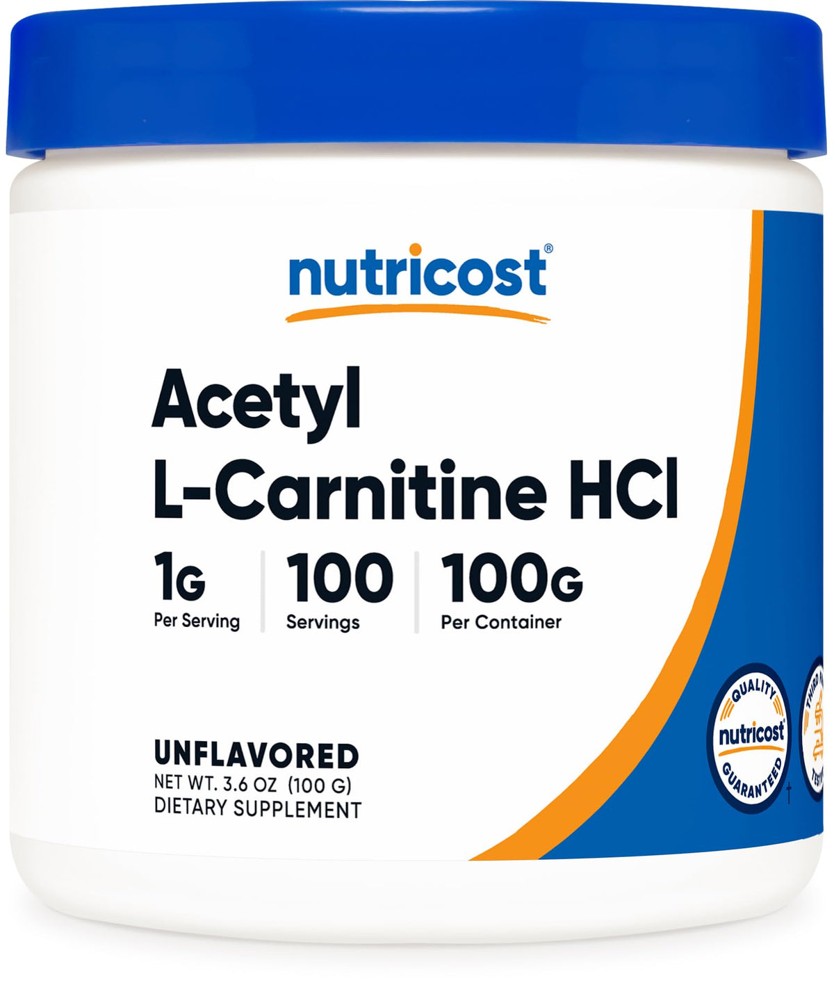 Nutricost envase frontal de Acetyl L-Carnitine HCl mostrando tamaño y marca, práctico para dosificar