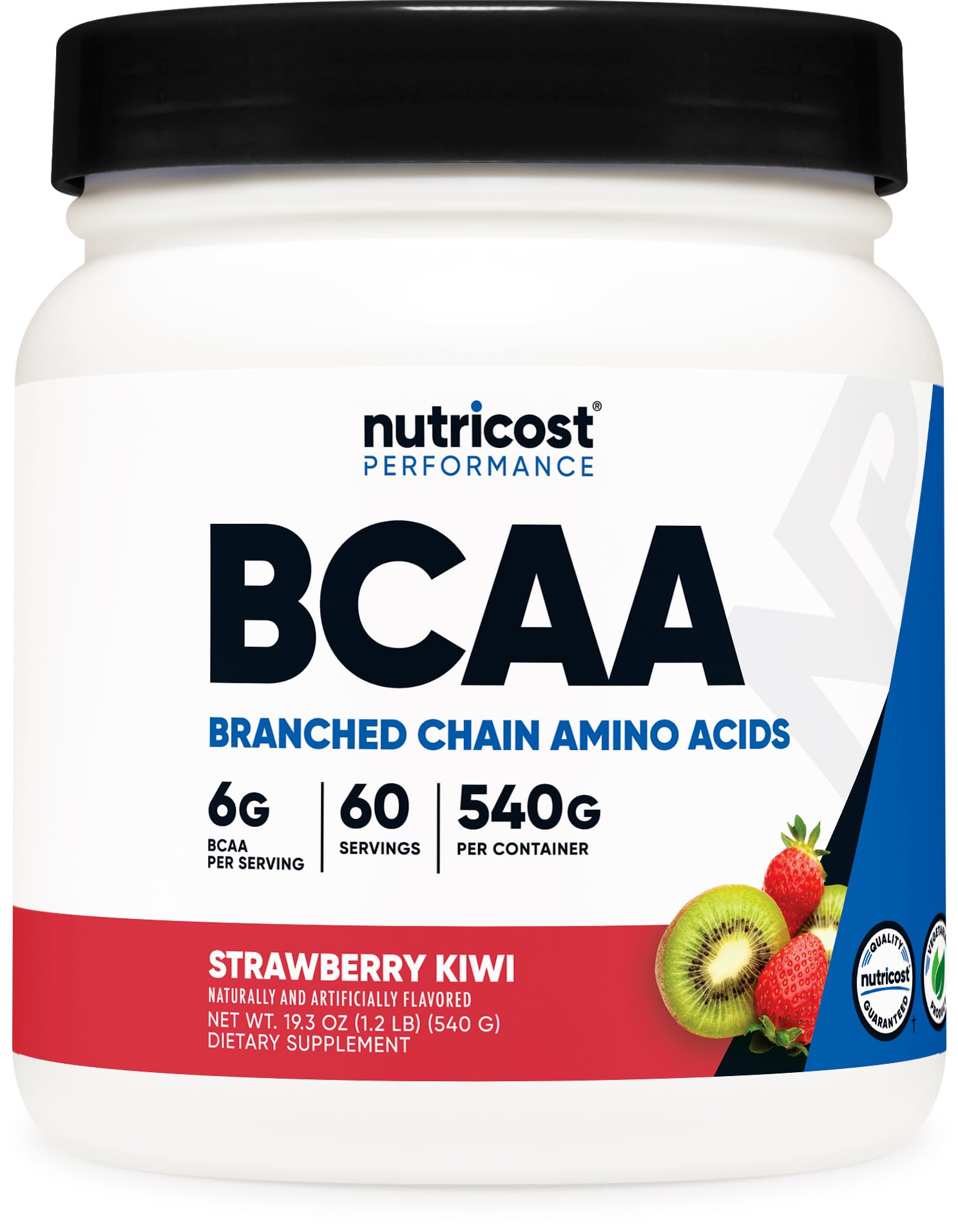 Nutricost envase frontal BCAA fresa kiwi mostrando porciones y sello GMP
