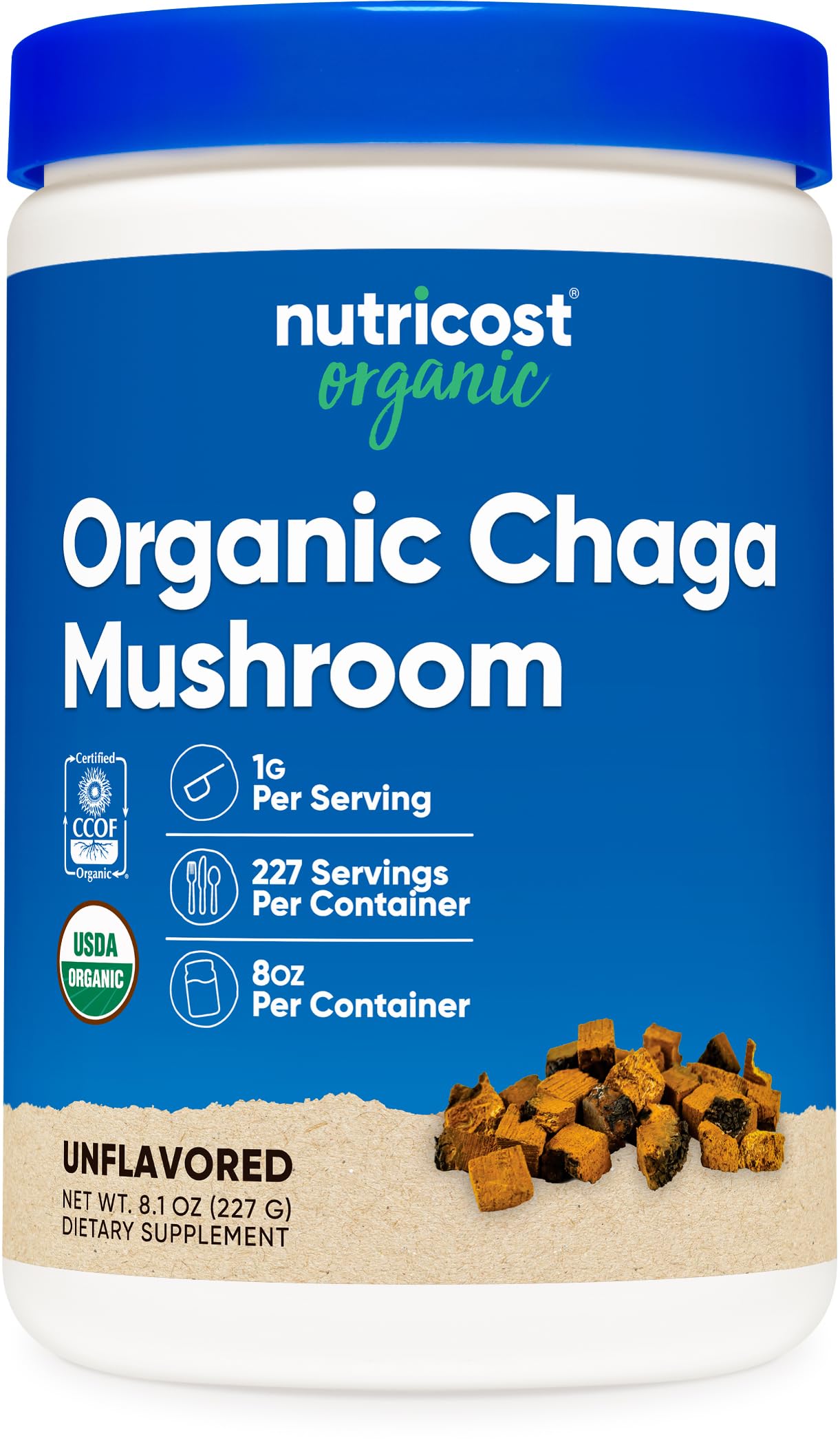 Nutricost vista frontal del envase de chaga, muestra claridad de marca y ventaja orgánica