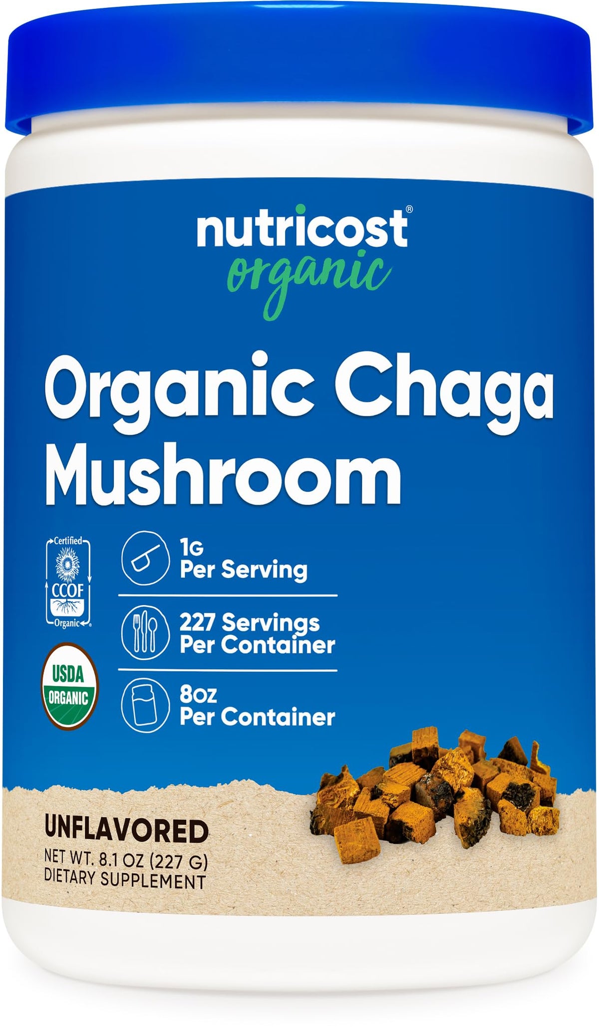 Nutricost vista frontal del envase de chaga, muestra claridad de marca y ventaja orgánica