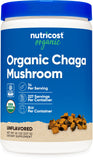 Nutricost vista frontal del envase de chaga, muestra claridad de marca y ventaja orgánica