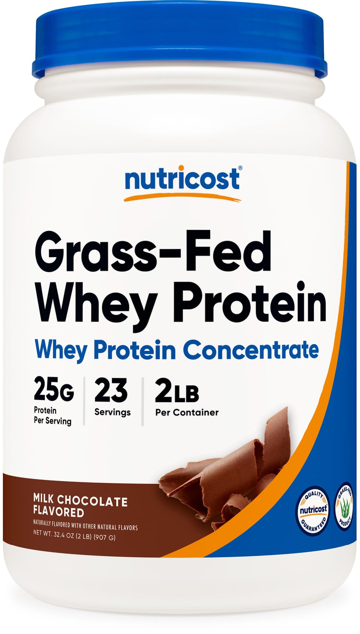 Nutricost envase frontal Chocolate 2LBS mostrando diseño y beneficios