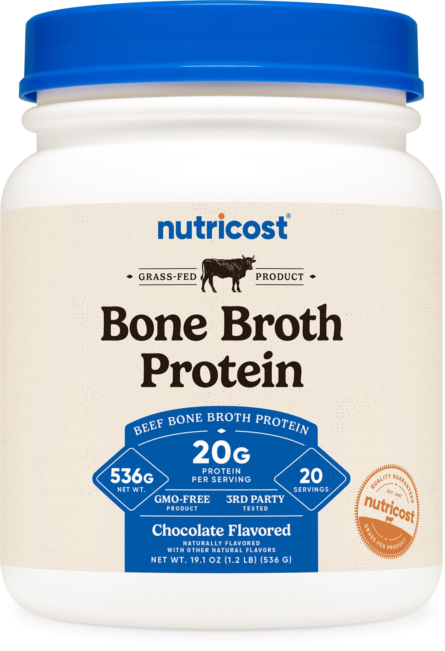 Nutricost envase frontal chocolate mostrando 20 servicios y beneficio proteico