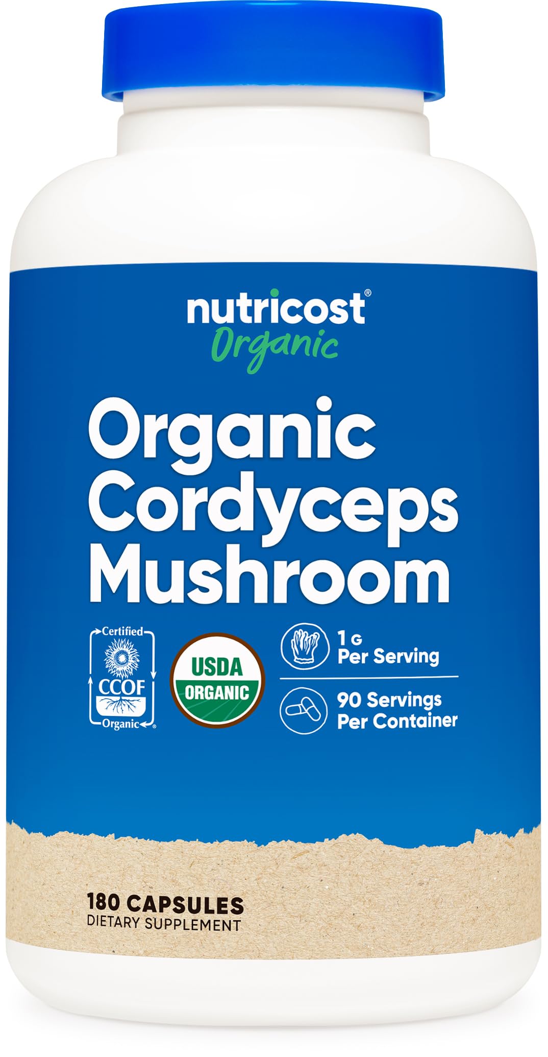 Nutricost frasco frontal Cordyceps mostrando etiqueta clara y beneficios
