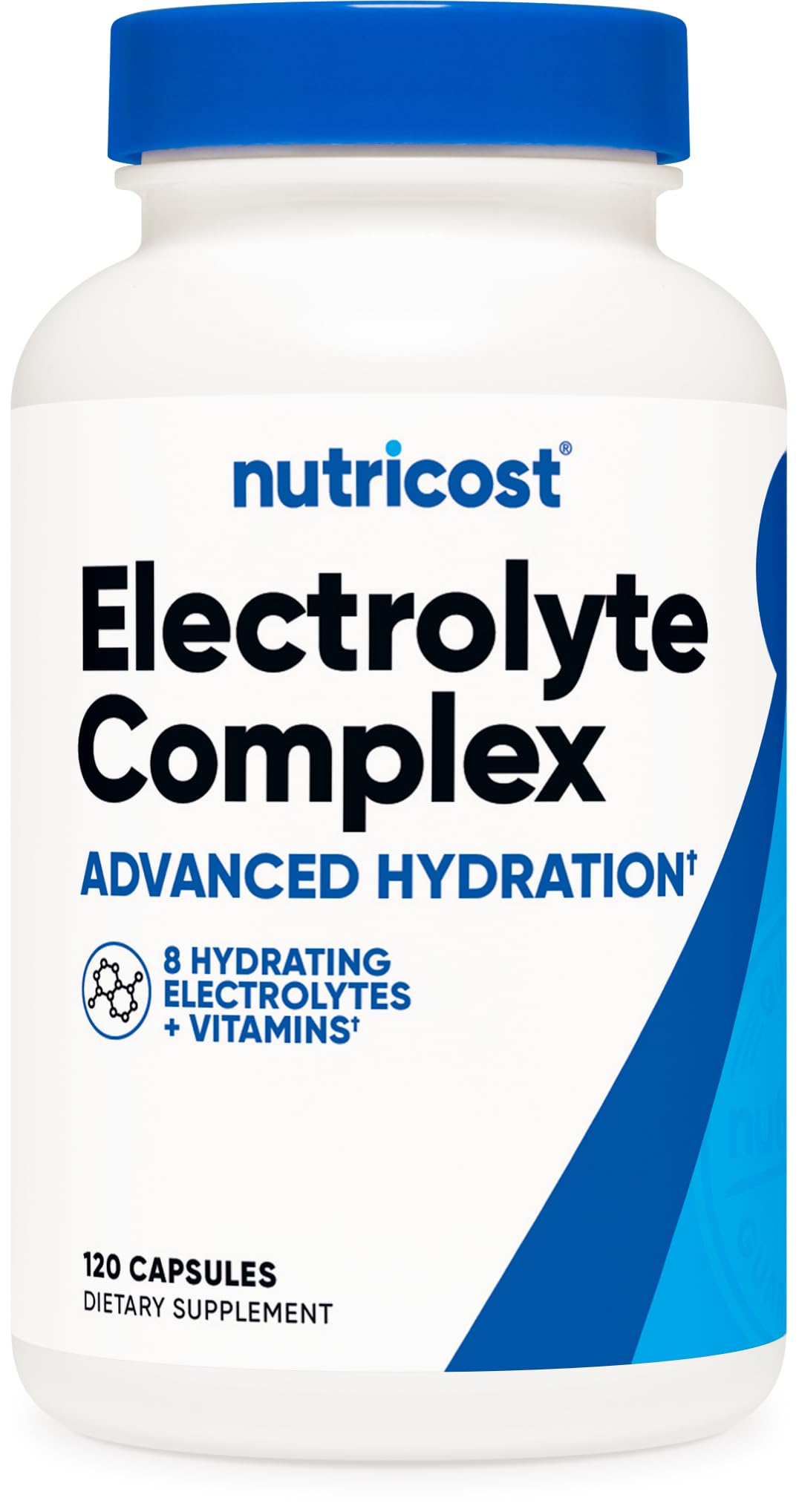 Nutricost envase frontal mostrando 120 cápsulas y beneficios de electrolitos