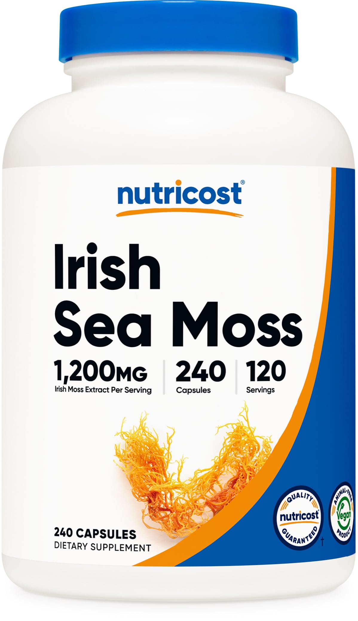 Nutricost envase frontal Irish Sea Moss mostrando tamaño y beneficio conveniencia