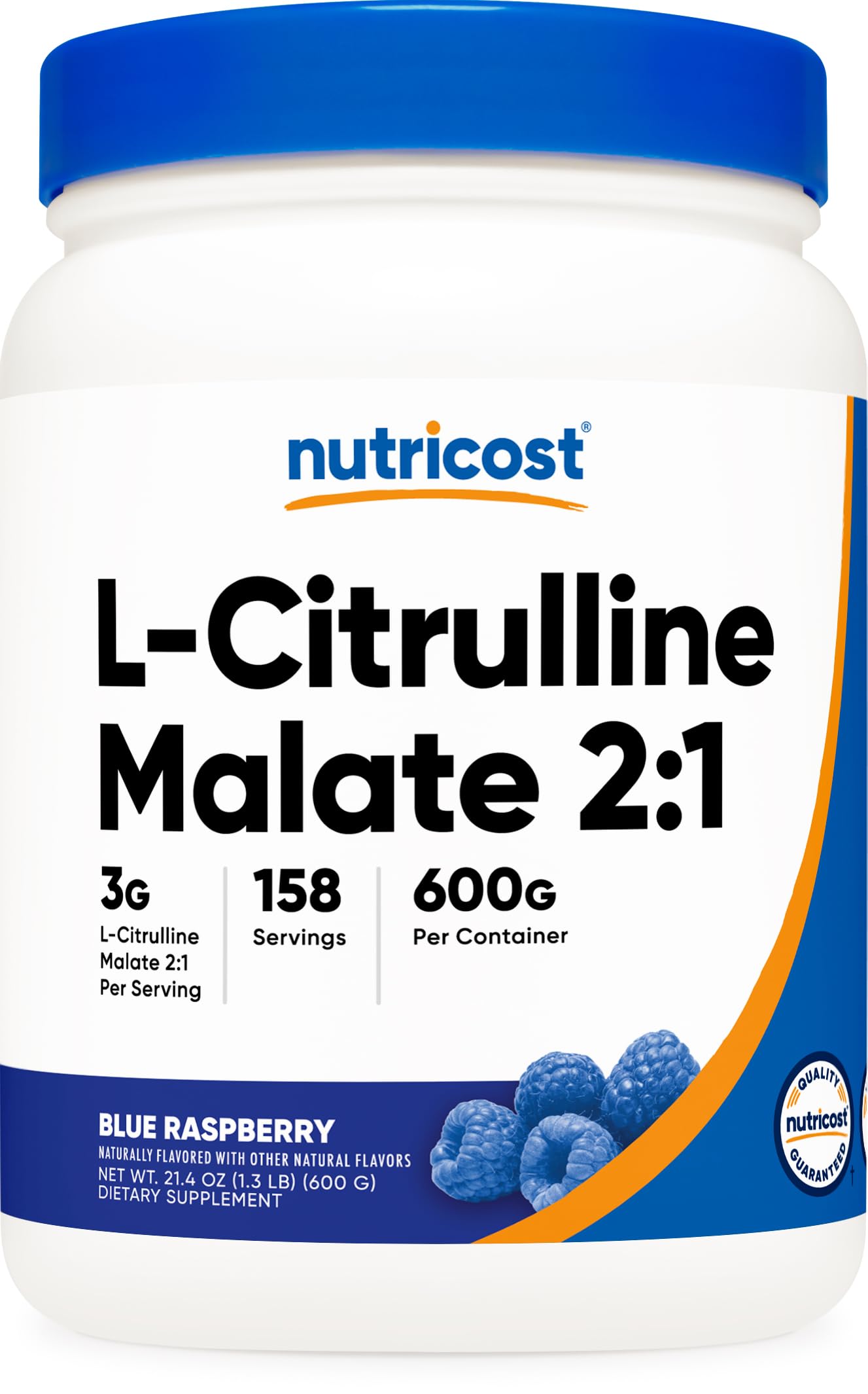 Nutricost envase frontal L-Citrulline Malate 600 g mostrando sabor blue raspberry y dosis