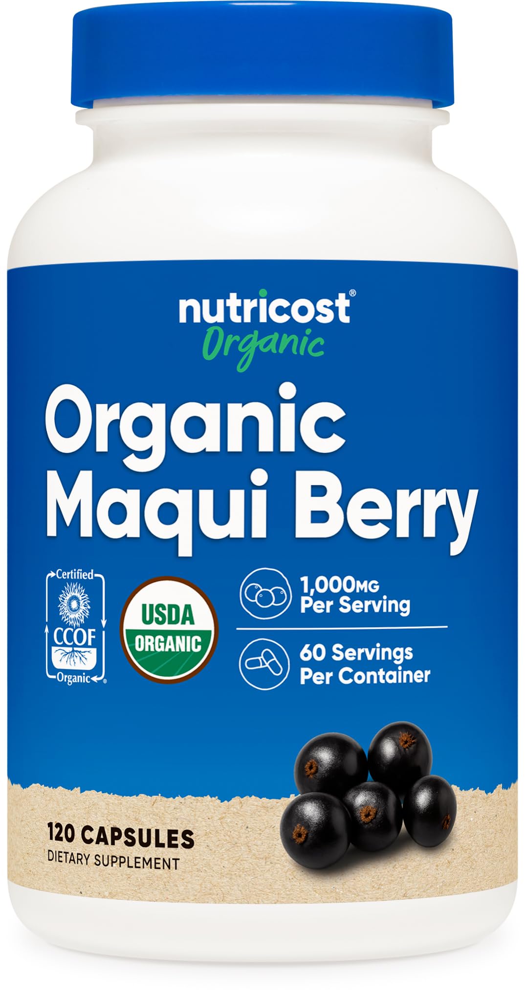 Nutricost envase frontal de Maqui Berry orgánico mostrando certificaciones y beneficio de pureza
