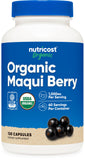 Nutricost envase frontal de Maqui Berry orgánico mostrando certificaciones y beneficio de pureza