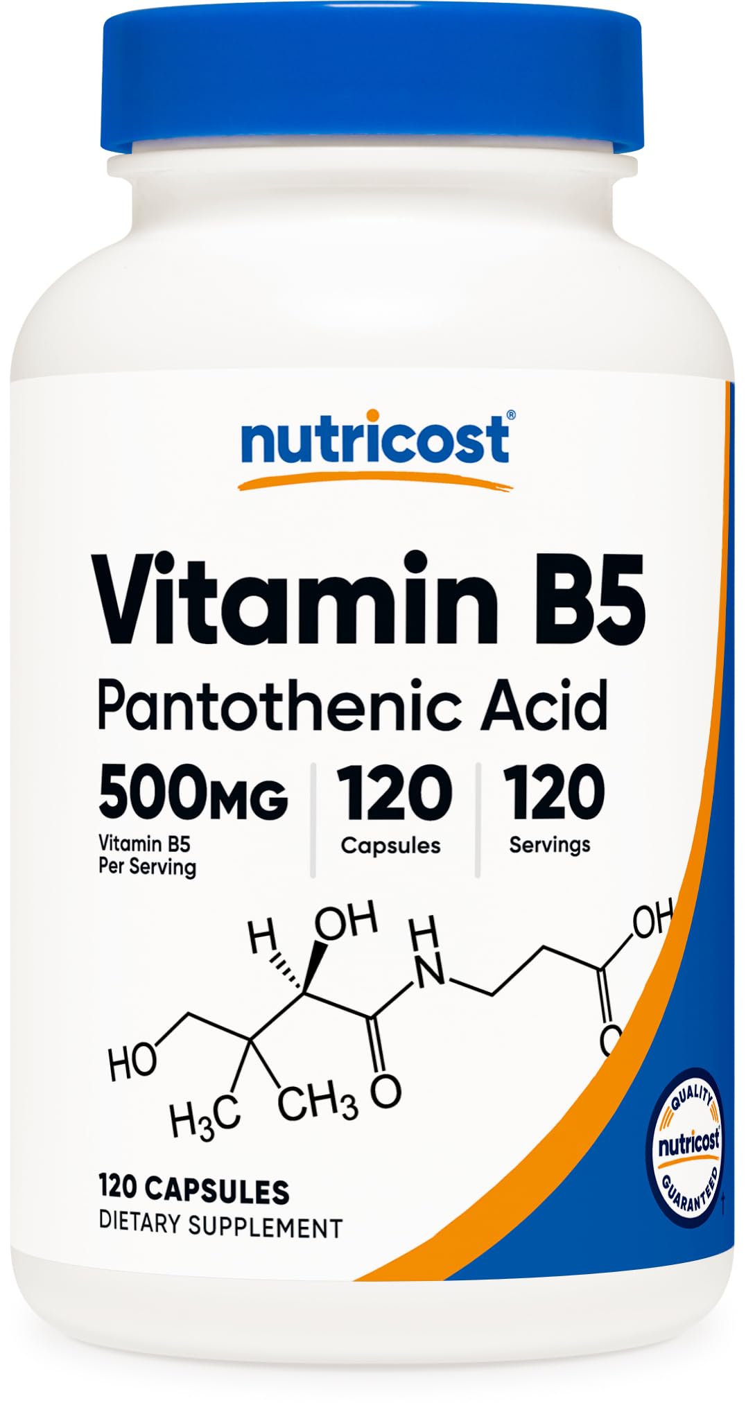 Nutricost frasco frontal de Pantothenic Acid 500 mg mostrando presentación clara