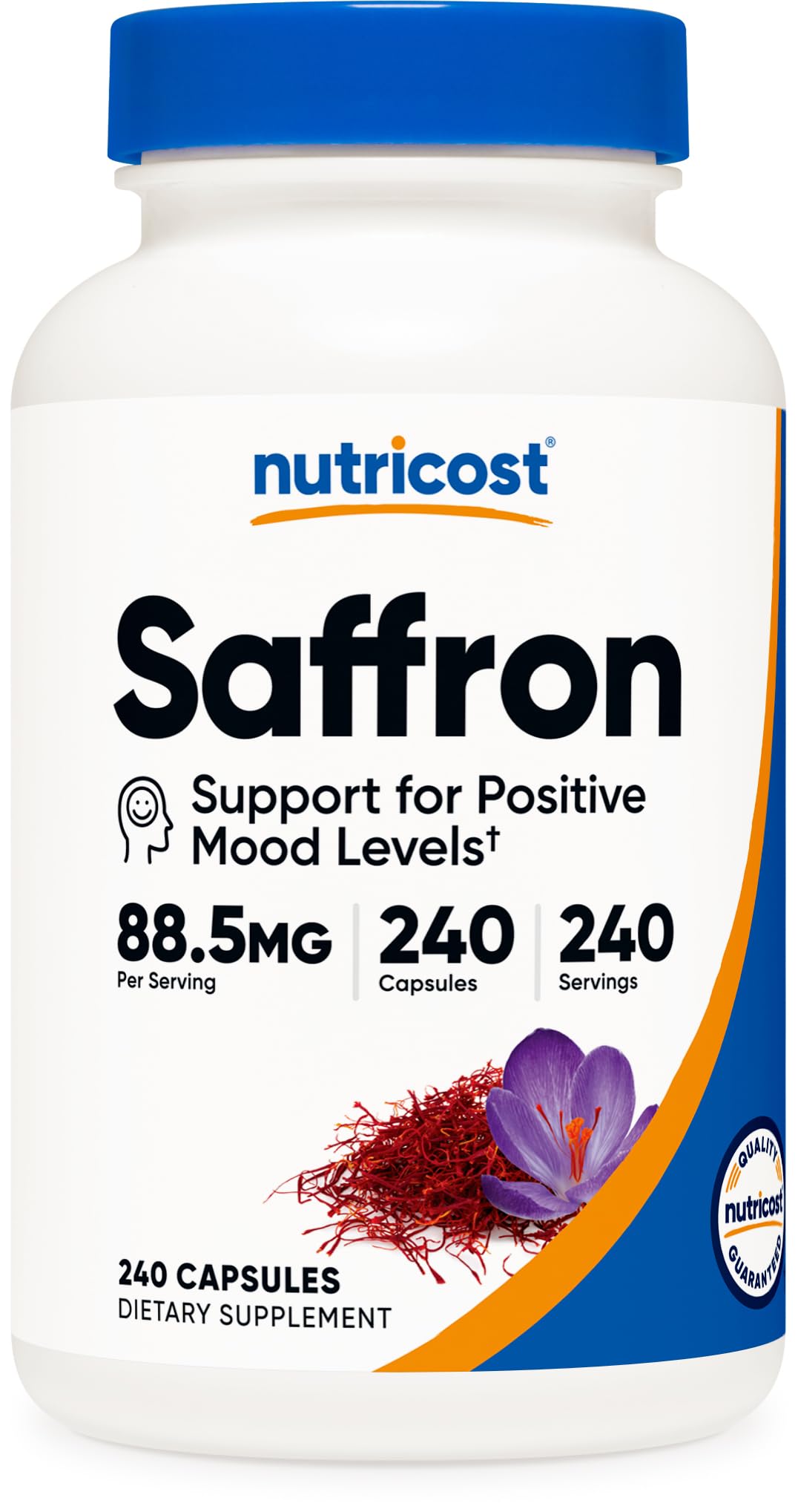 Nutricost envase frontal de Saffron Extract mostrando diseño y tamaño