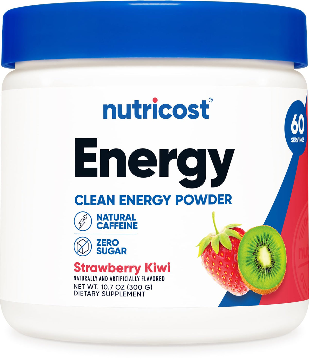 Nutricost frontal del envase mostrando diseño y sabor fresa kiwi para identificación rápida