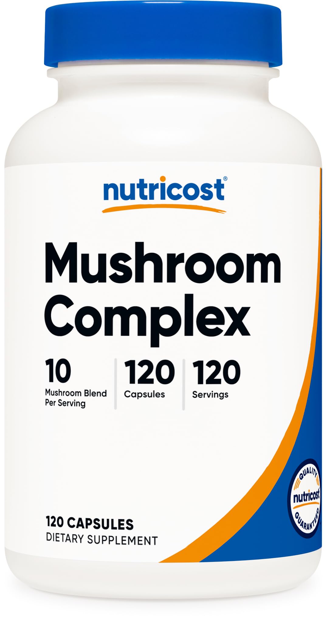 Nutricost envase frontal mostrando 120 cápsulas y variedad de hongos, conveniencia diaria