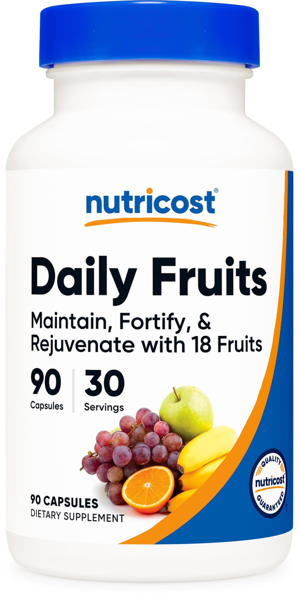 Nutricost envase frontal con etiqueta clara y beneficio de variedad frutal