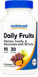 Nutricost envase frontal con etiqueta clara y beneficio de variedad frutal