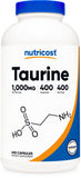 Nutricost frasco frontal taurina mostrando etiqueta y cantidad por envase, confianza visual