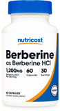 Nutricost frasco frontal mostrando berberine 1200 mg, calidad visible