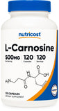 Nutricost frasco frontal con L-Carnosine mostrando dosis clara
