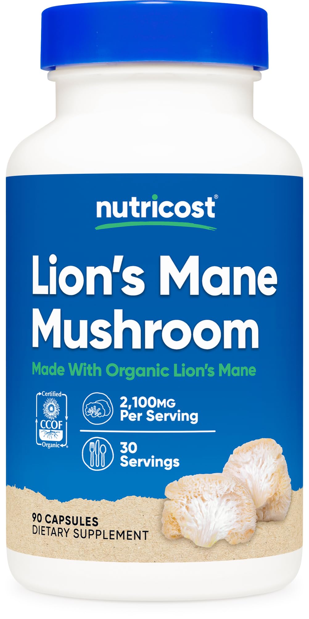 Nutricost frasco frontal de Lion's Mane mostrando diseño y cantidad de cápsulas