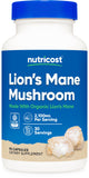 Nutricost frasco frontal de Lion's Mane mostrando diseño y cantidad de cápsulas