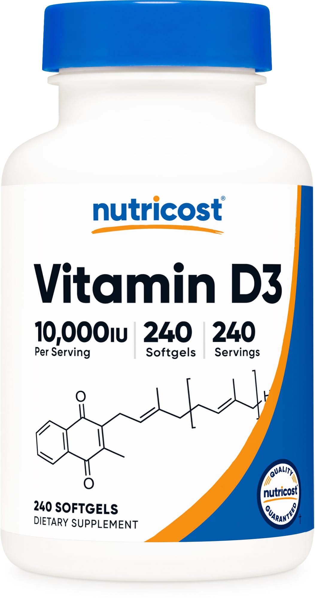 Nutricost envase frontal de Vitamin D3 mostrando cantidad y dosis, confianza en marca
