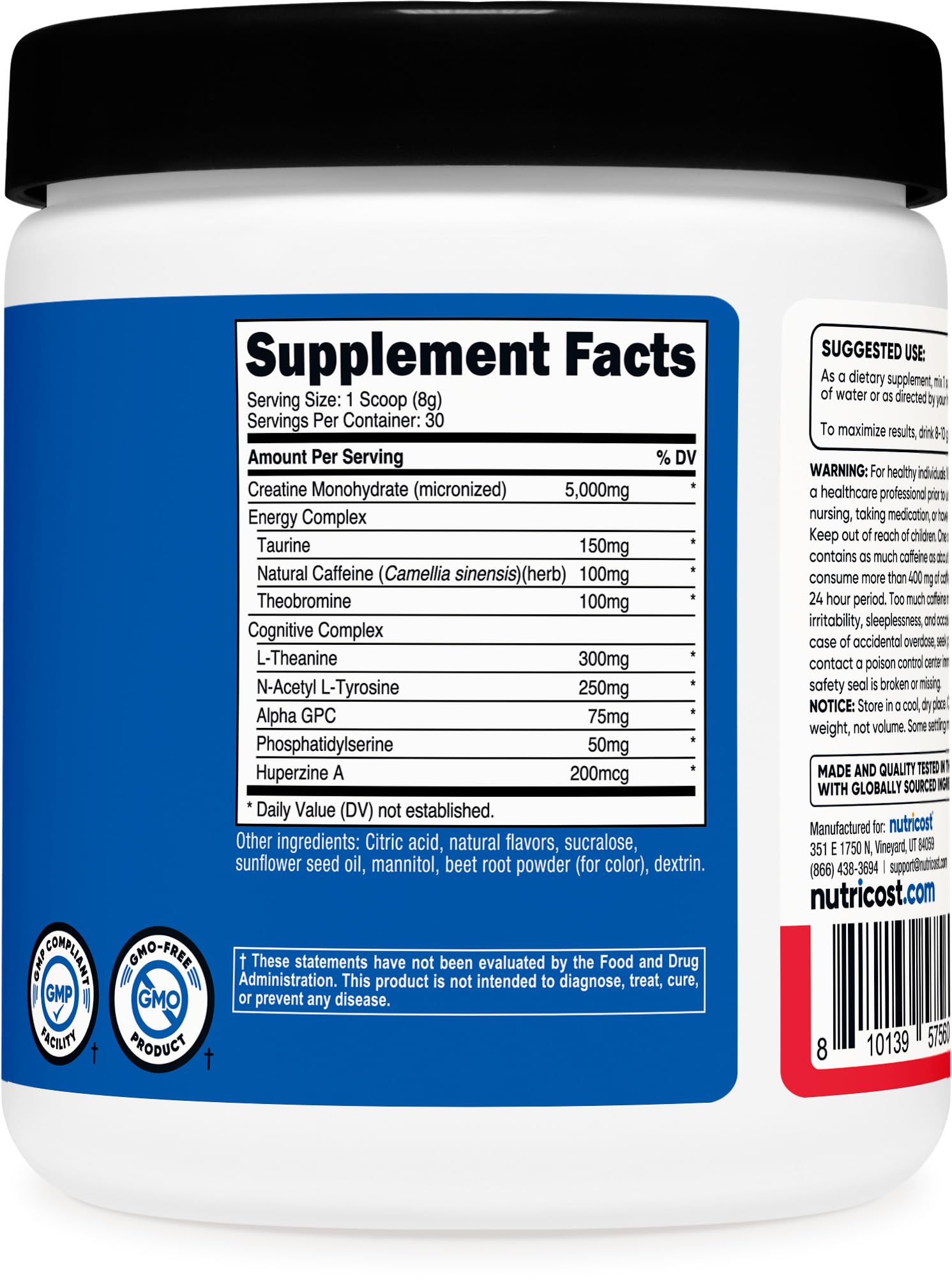 Nutricost etiqueta con detalles de creatina 5 g y complejo energético 350 mg