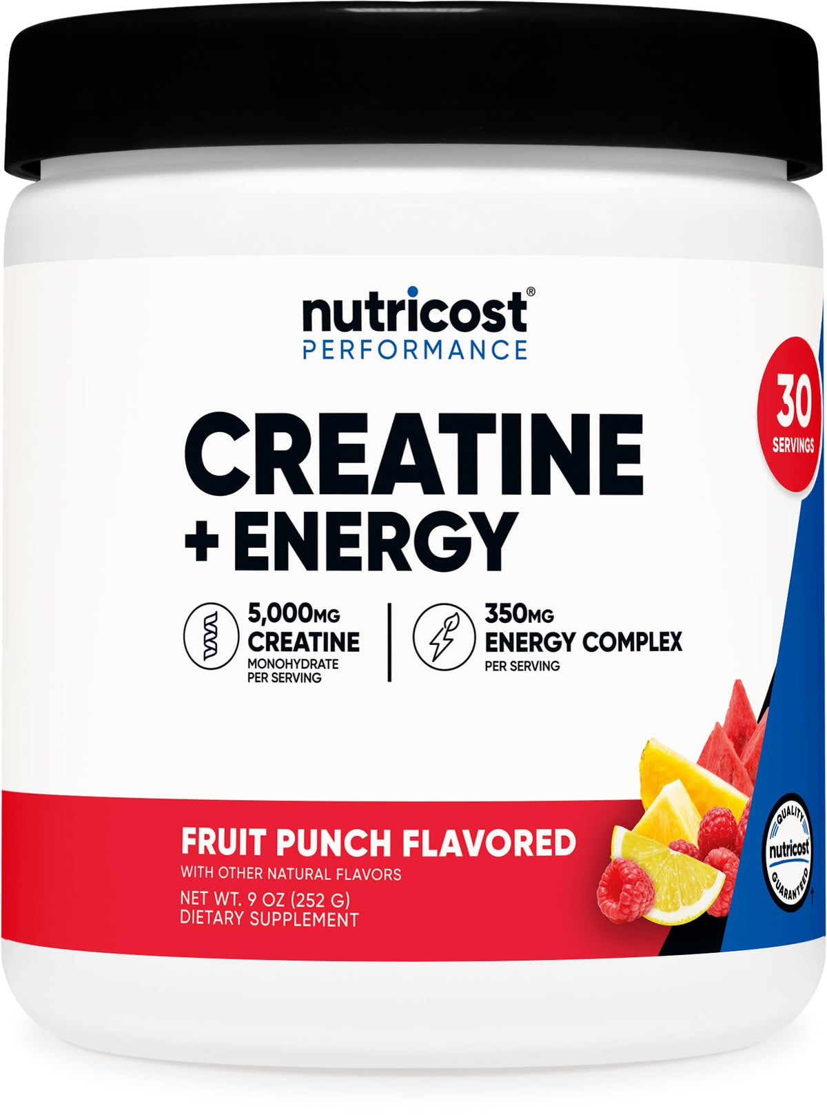 Nutricost bote frontal mostrando sabor fruit punch y beneficio de conveniencia