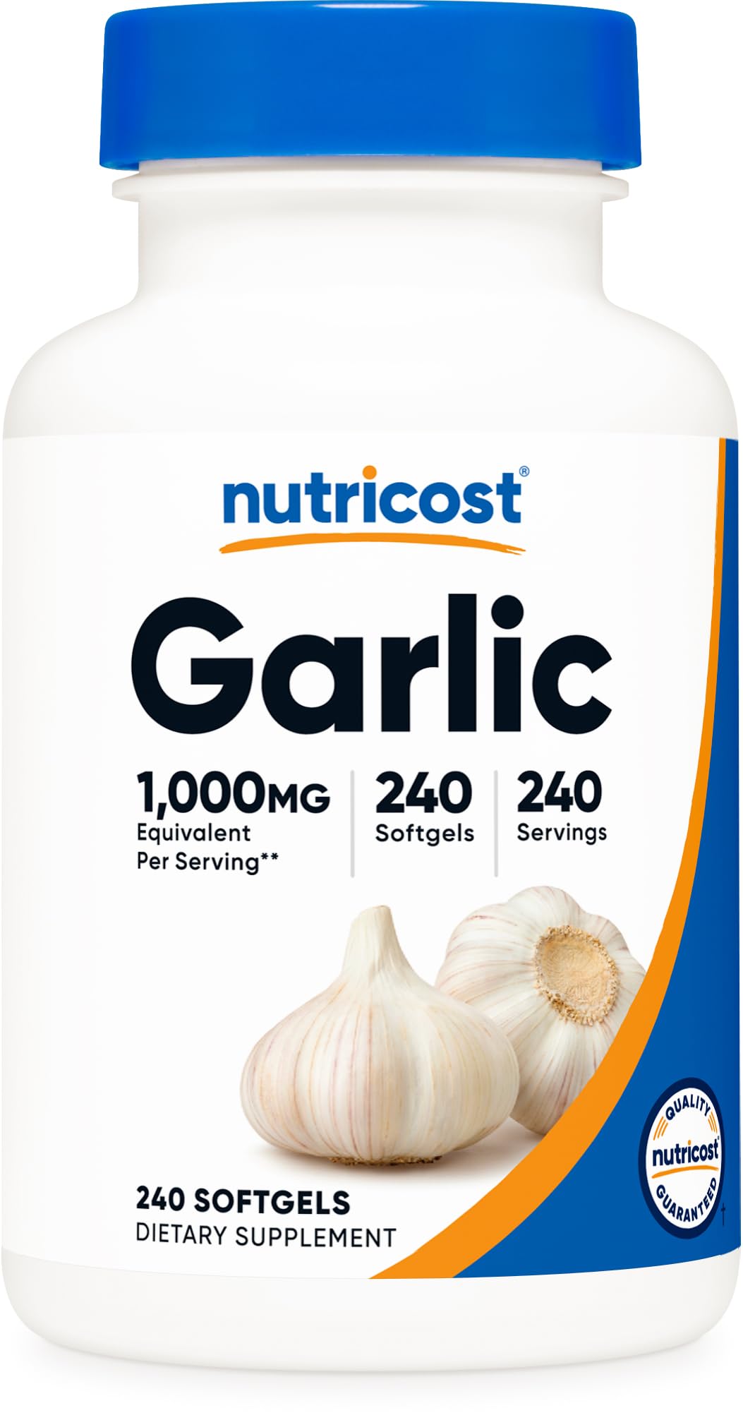 Nutricost frasco frontal de garlic 240 cápsulas sin olor, fácil identificación