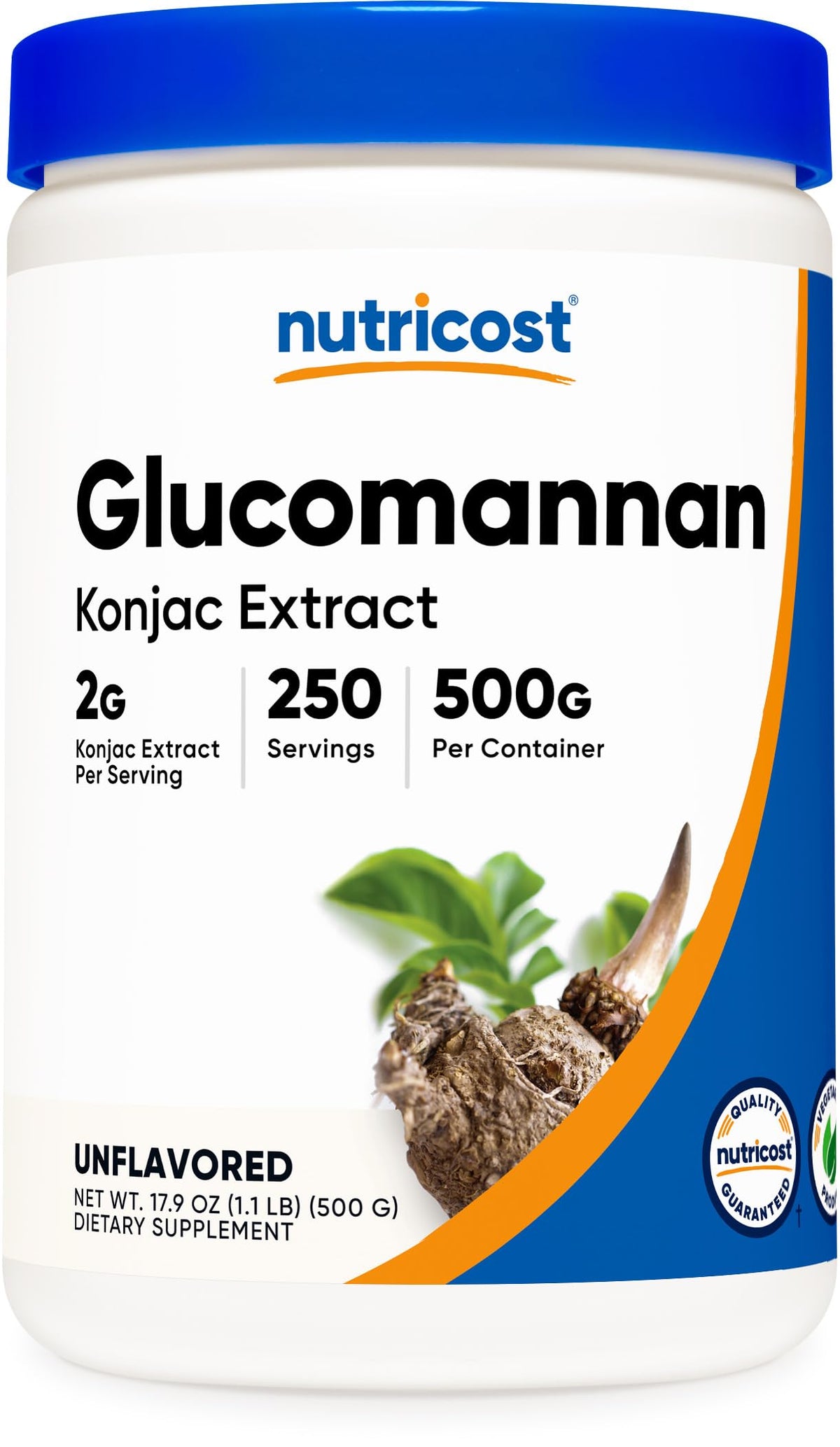 Nutricost frasco frontal mostrando 500 g y cuchara dosificadora para suministro claro