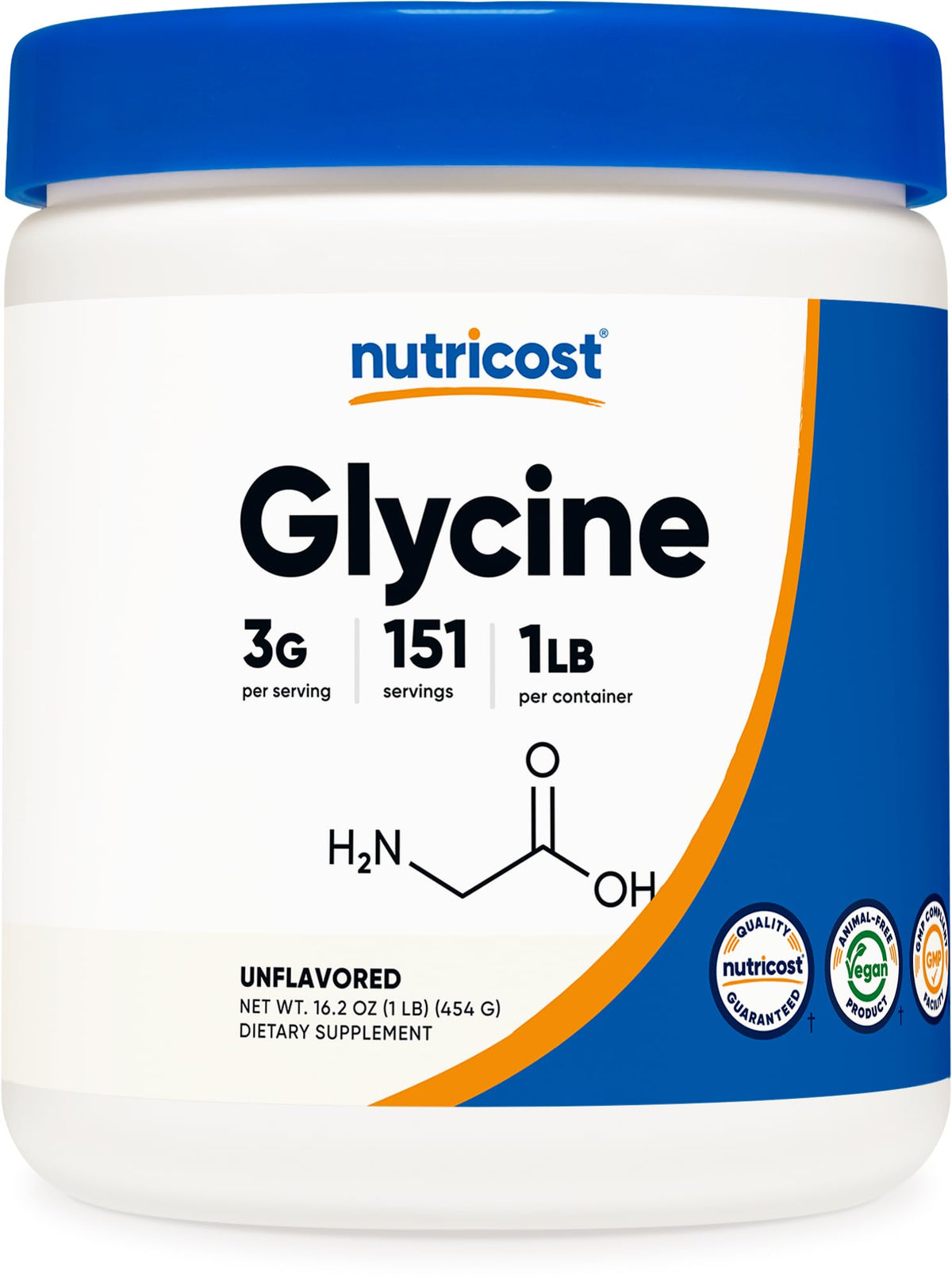 Nutricost envase frontal de glicina, presentación clara y fácil de almacenar