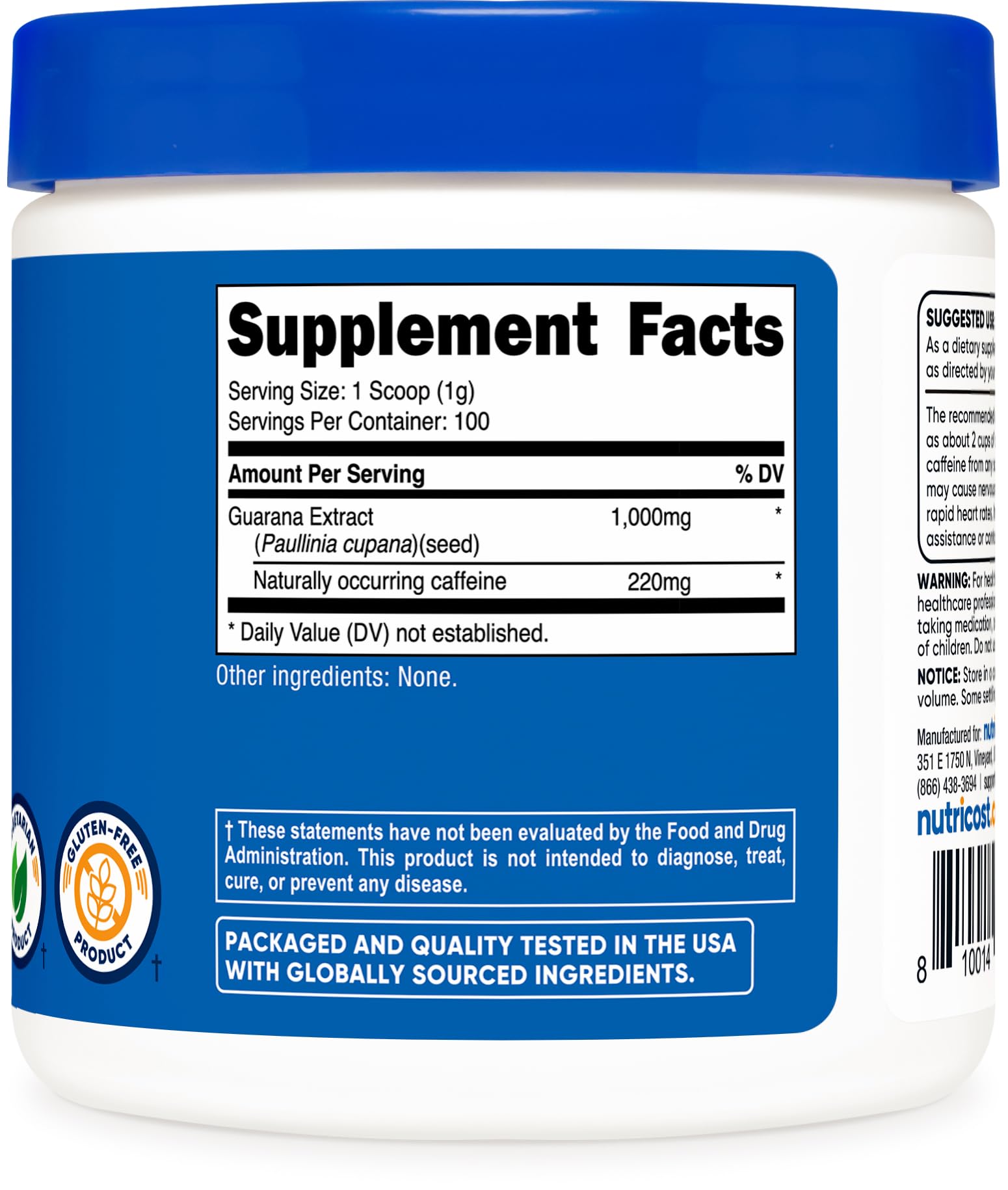 Etiqueta de Nutricost Guarana con sellos NSF y GMP, calidad y trazabilidad