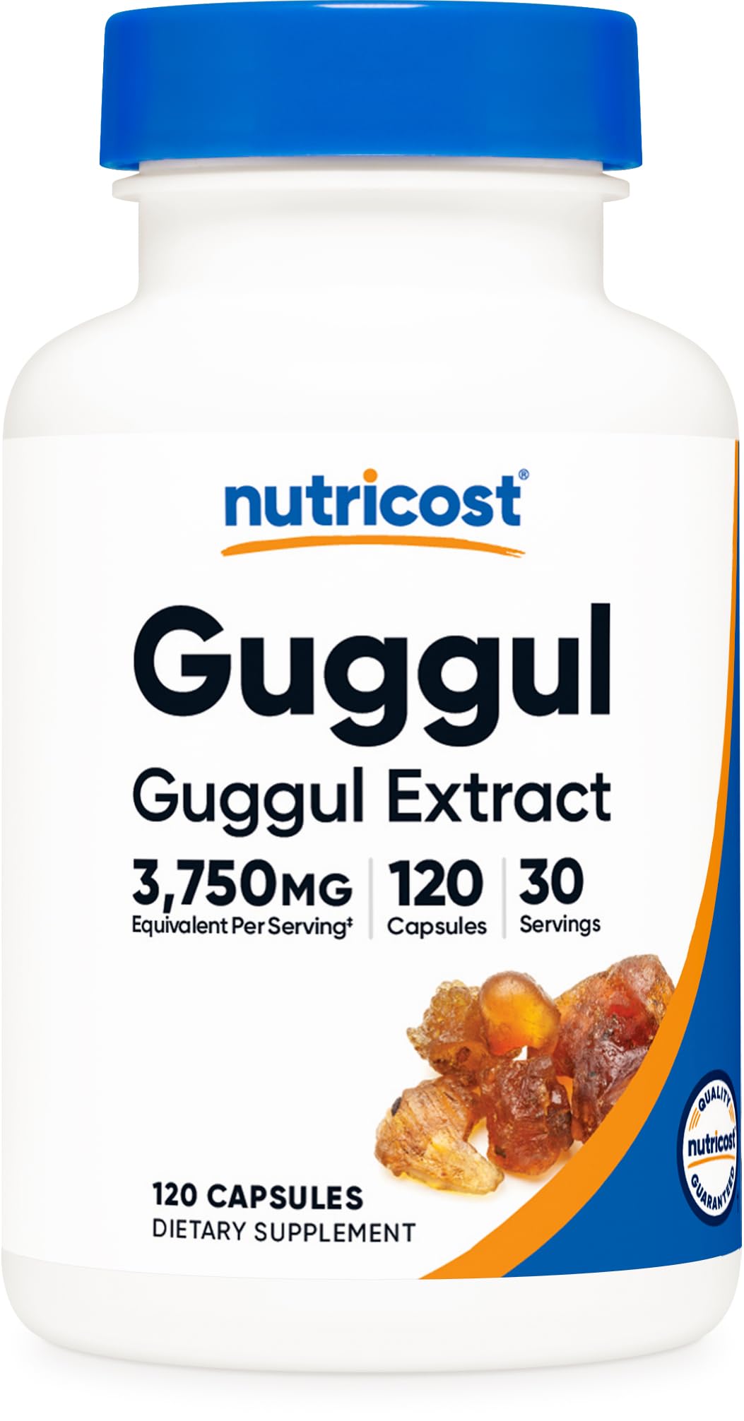 Nutricost guggul frontal mostrando el frasco y beneficios del producto