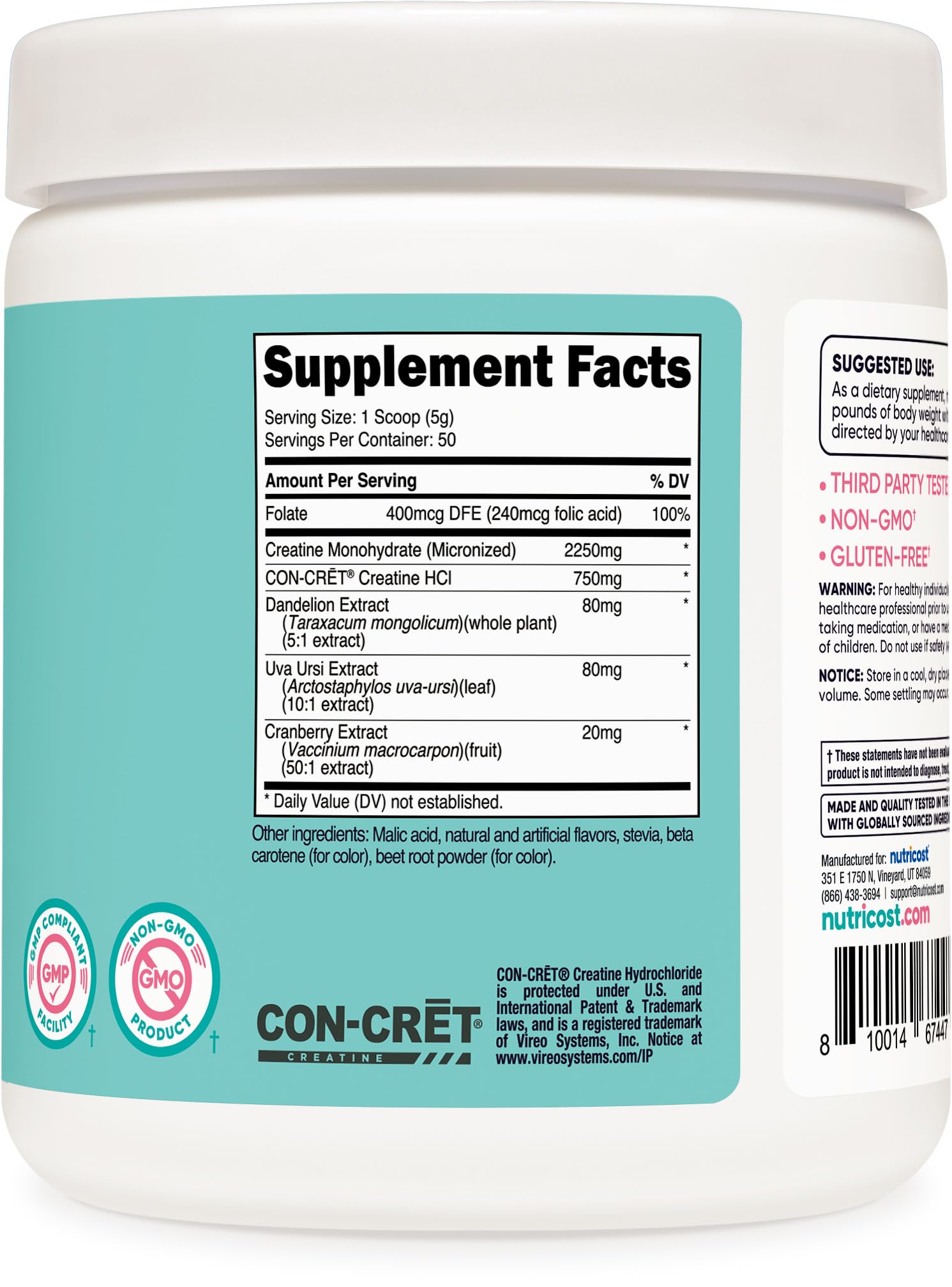 Nutricost etiqueta con ingredientes y certificado GMP resaltando calidad y transparencia