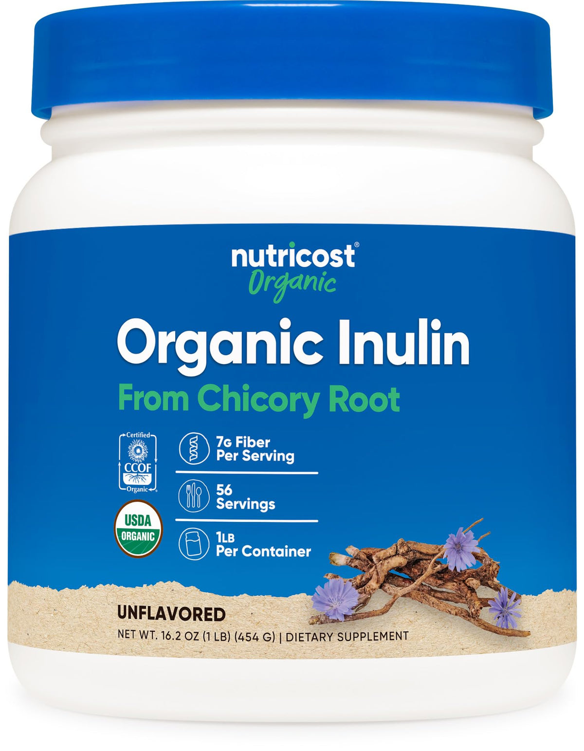 Nutricost frasco frontal mostrando la inulina orgánica y su formato práctico