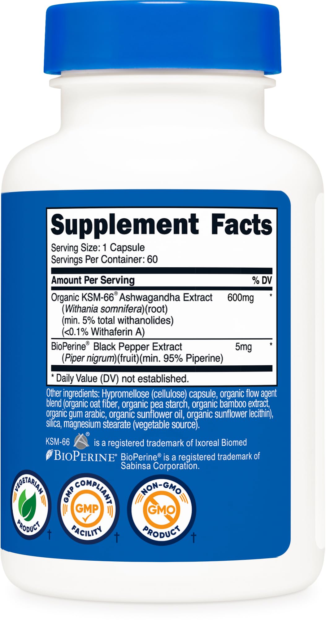 Nutricost etiqueta detalle con datos de 600 mg y 5% withanólidos