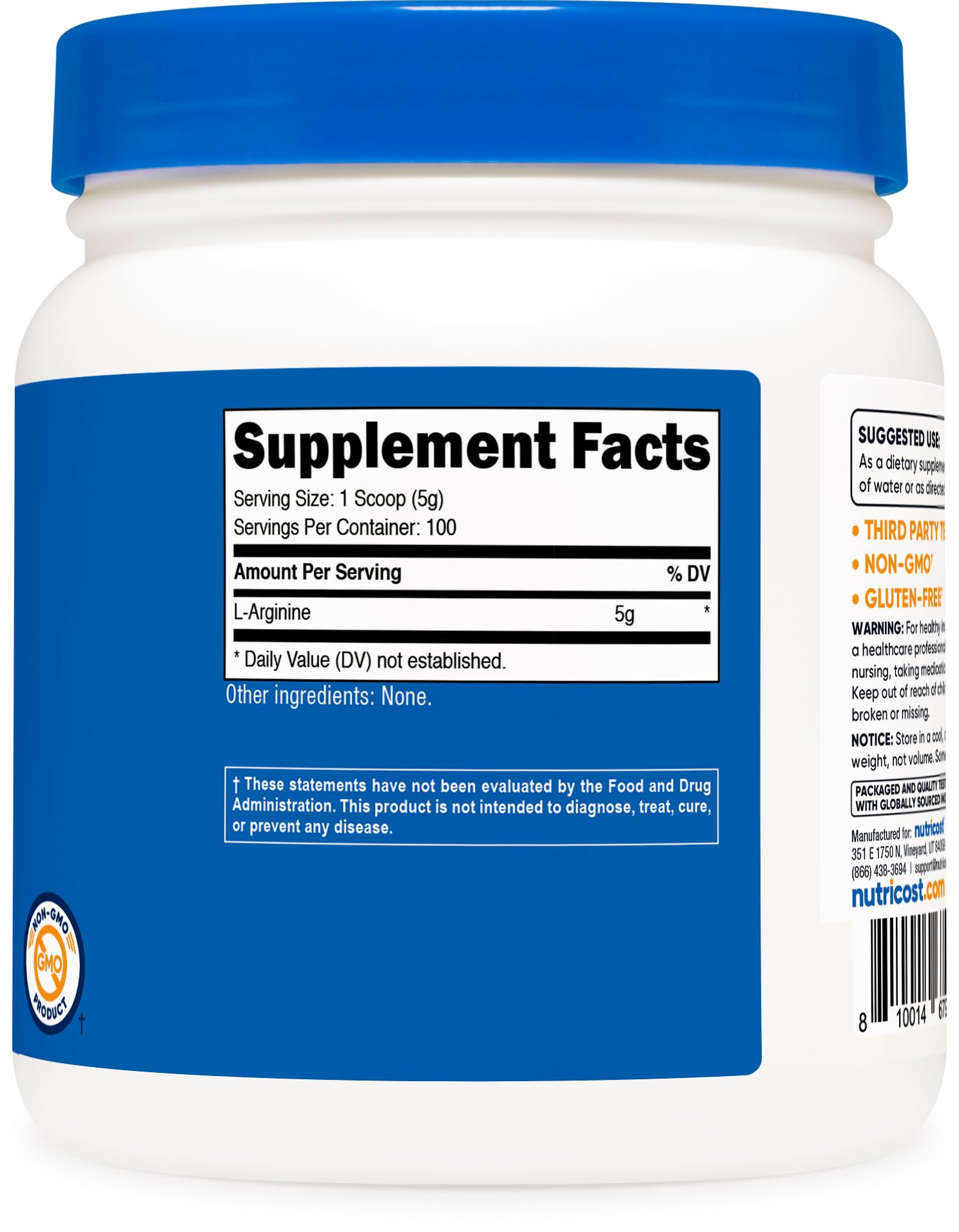 Nutricost L-Arginine comparación de tamaño del envase para cálculo de duración
