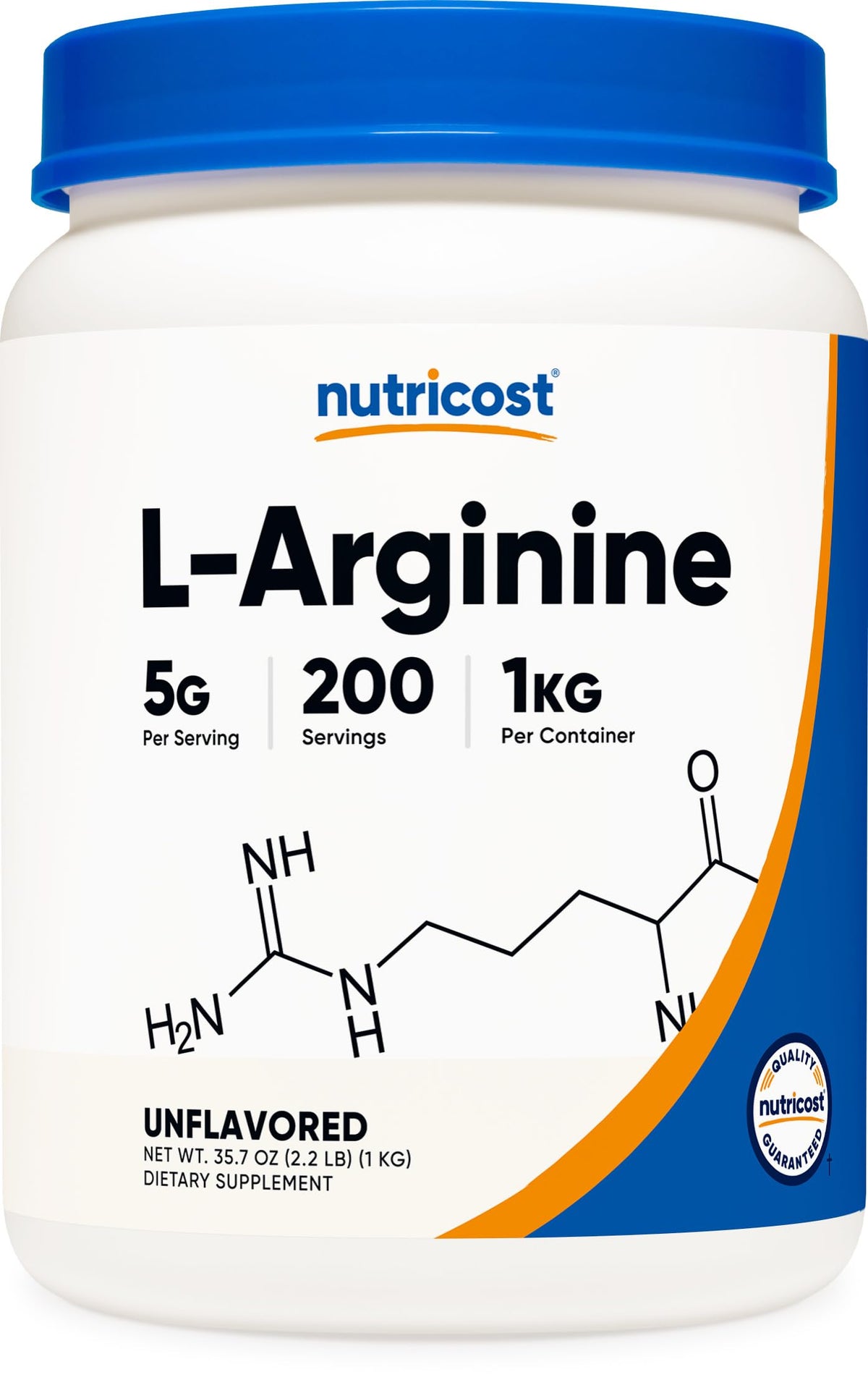 Nutricost envase frontal de L-Arginine mostrando diseño y tamaño del producto y claridad del contenido