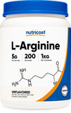 Nutricost envase frontal de L-Arginine mostrando diseño y tamaño del producto y claridad del contenido