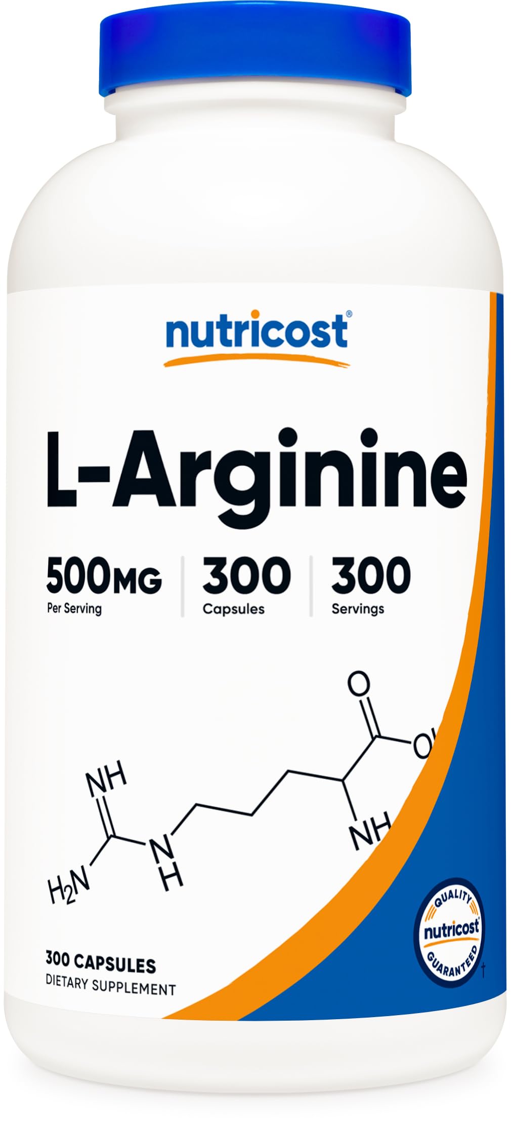 Nutricost L-Arginine frente del envase mostrando 300 cápsulas y etiquetas