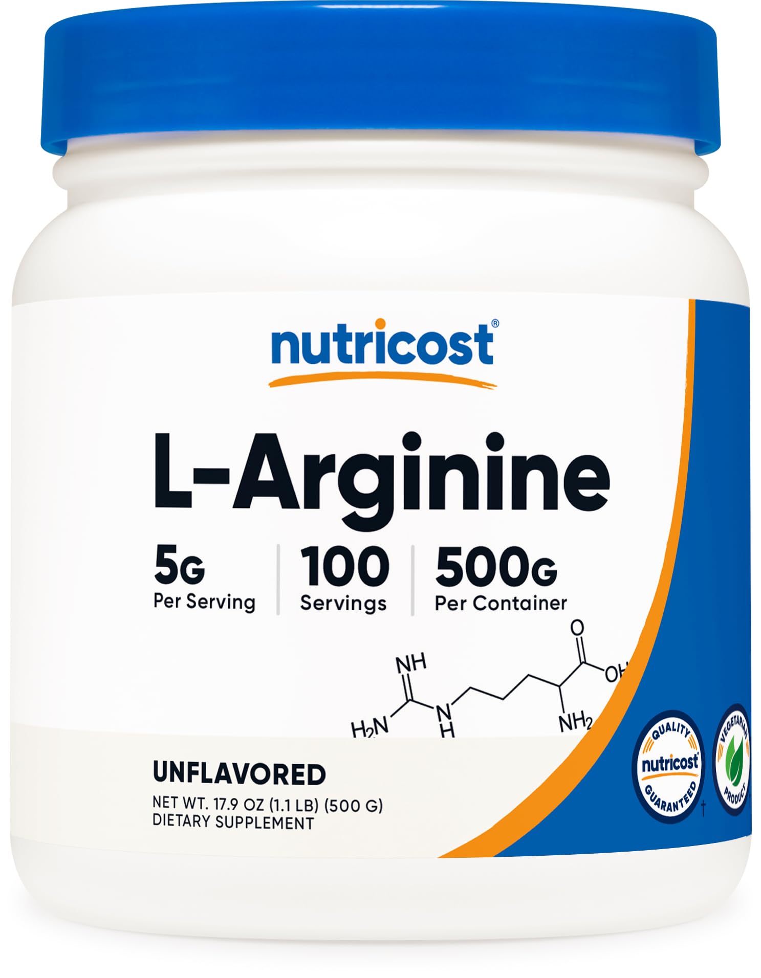 Nutricost L-Arginine frontal del envase mostrando presentación clara y beneficios