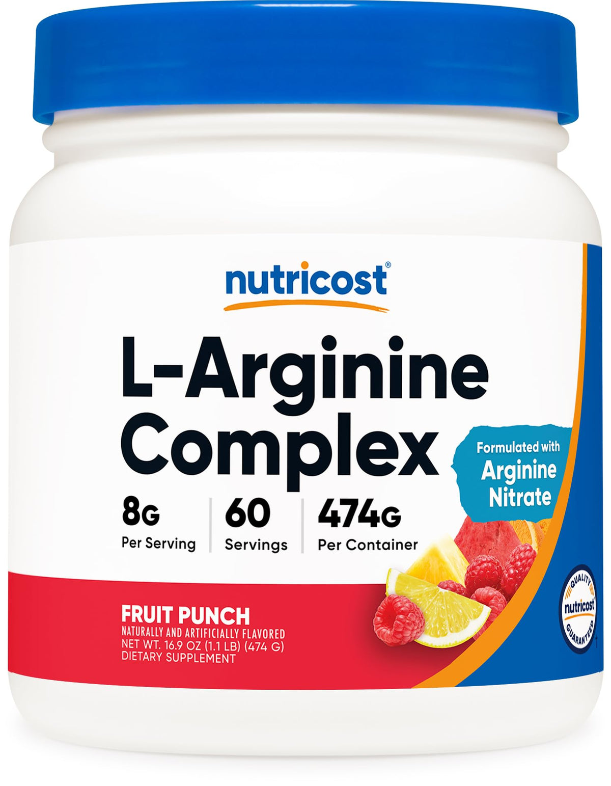 Nutricost L-Arginine Complex front mostrando el envase y beneficios visibles