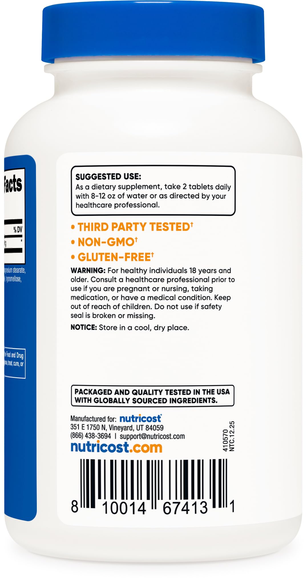 Nutricost etiqueta nutricional clara con información de dosis y pruebas