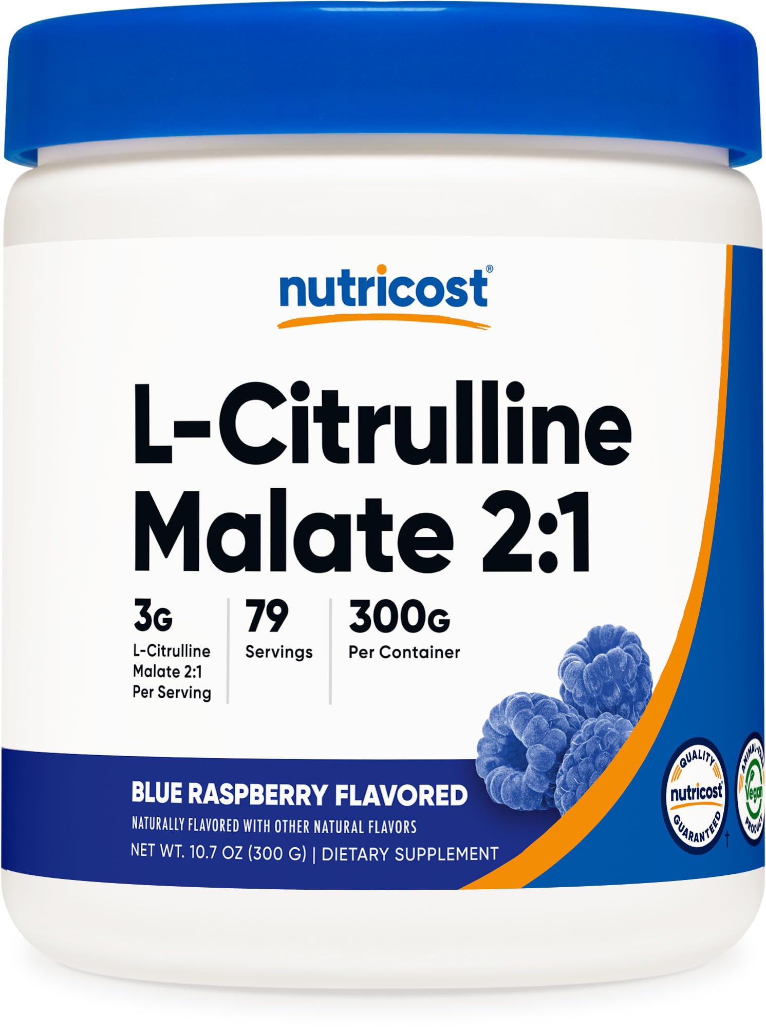 Nutricost envase frontal mostrando 300 g y sabor blue raspberry, conveniencia de 86 porciones