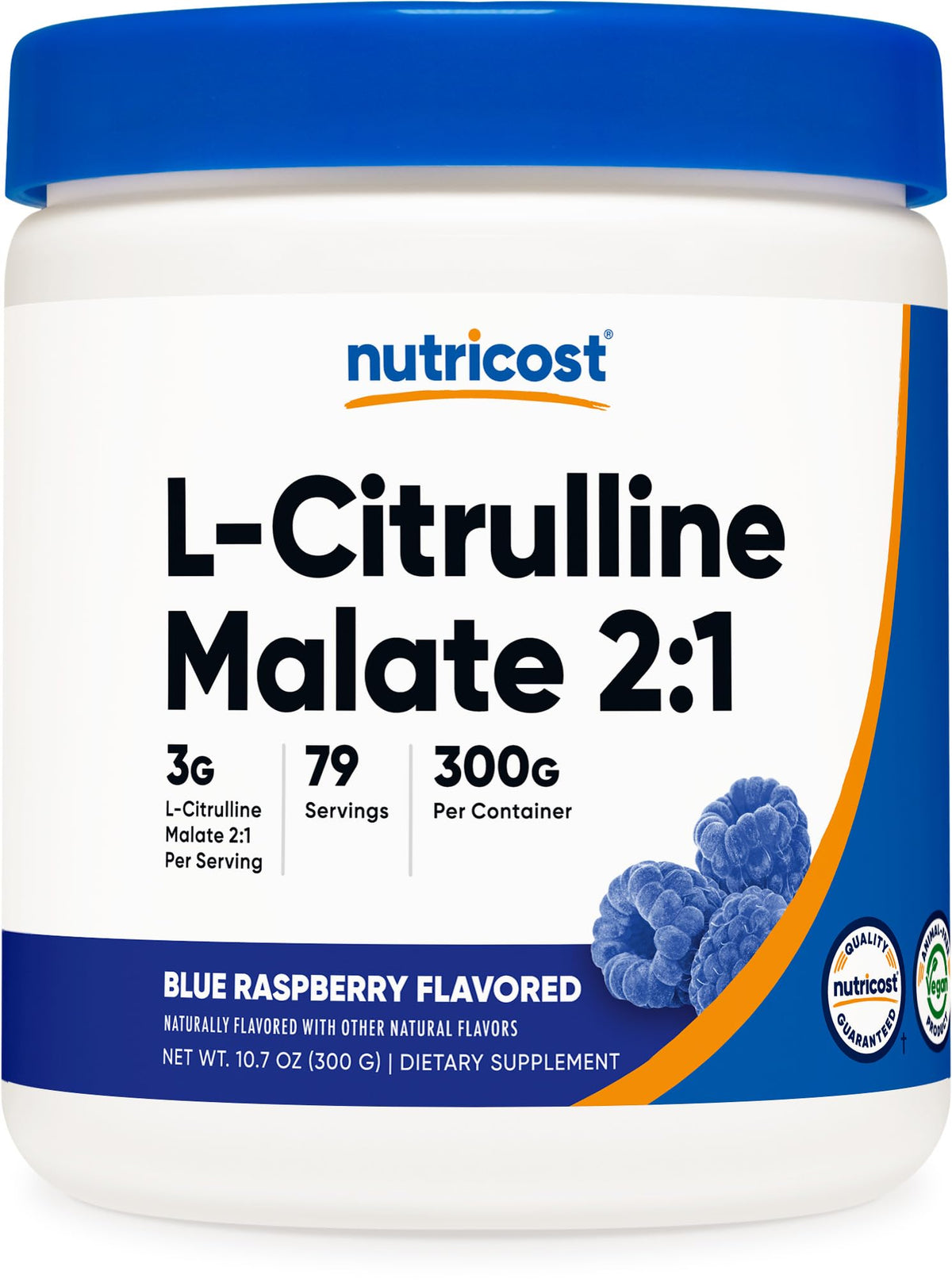 Nutricost envase frontal mostrando 300 g y sabor blue raspberry, conveniencia de 86 porciones