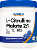 Nutricost envase frontal mostrando 300 g y sabor blue raspberry, conveniencia de 86 porciones