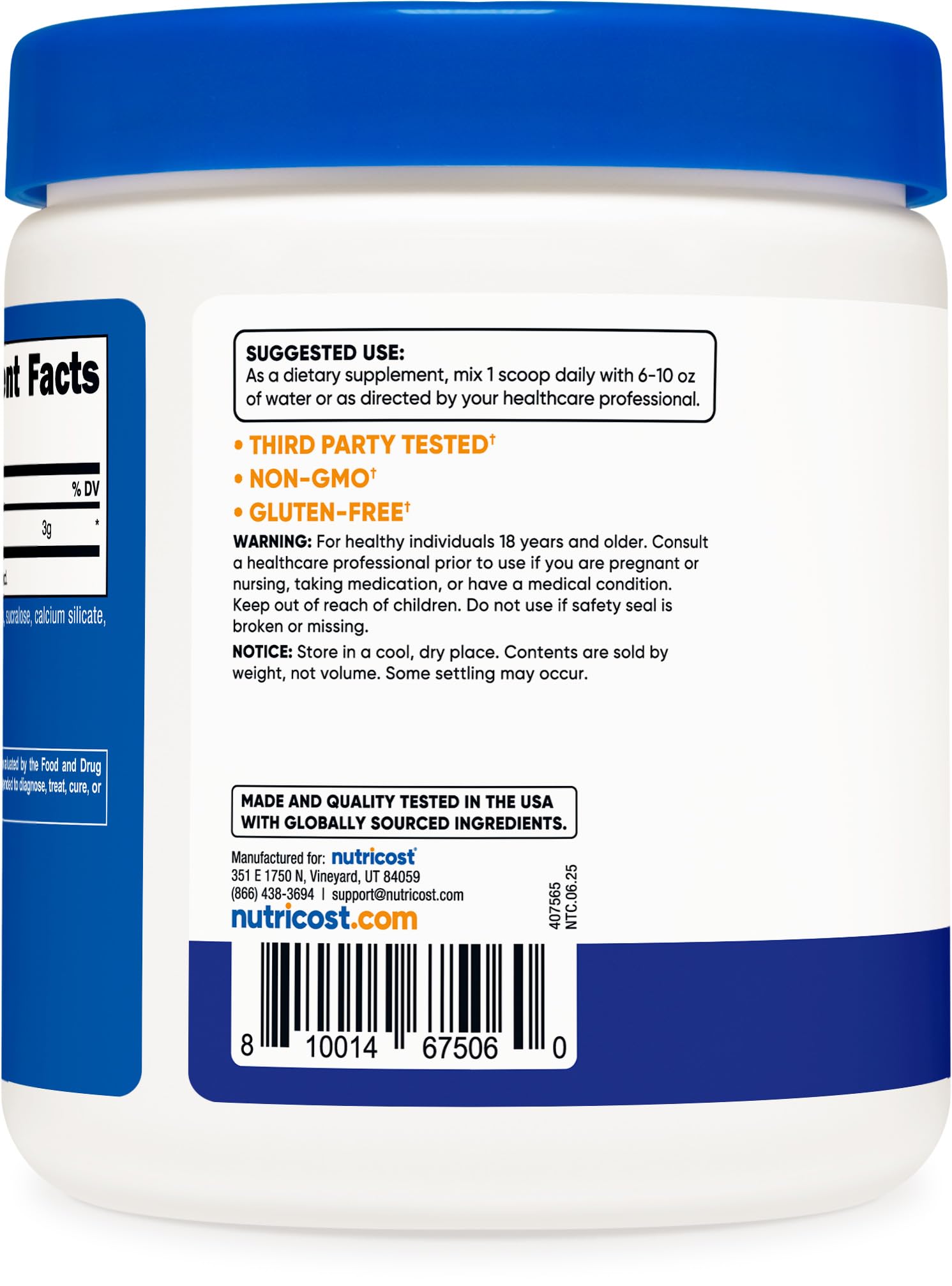Nutricost etiqueta nutricional y lista de ingredientes, transparencia y calidad GMP
