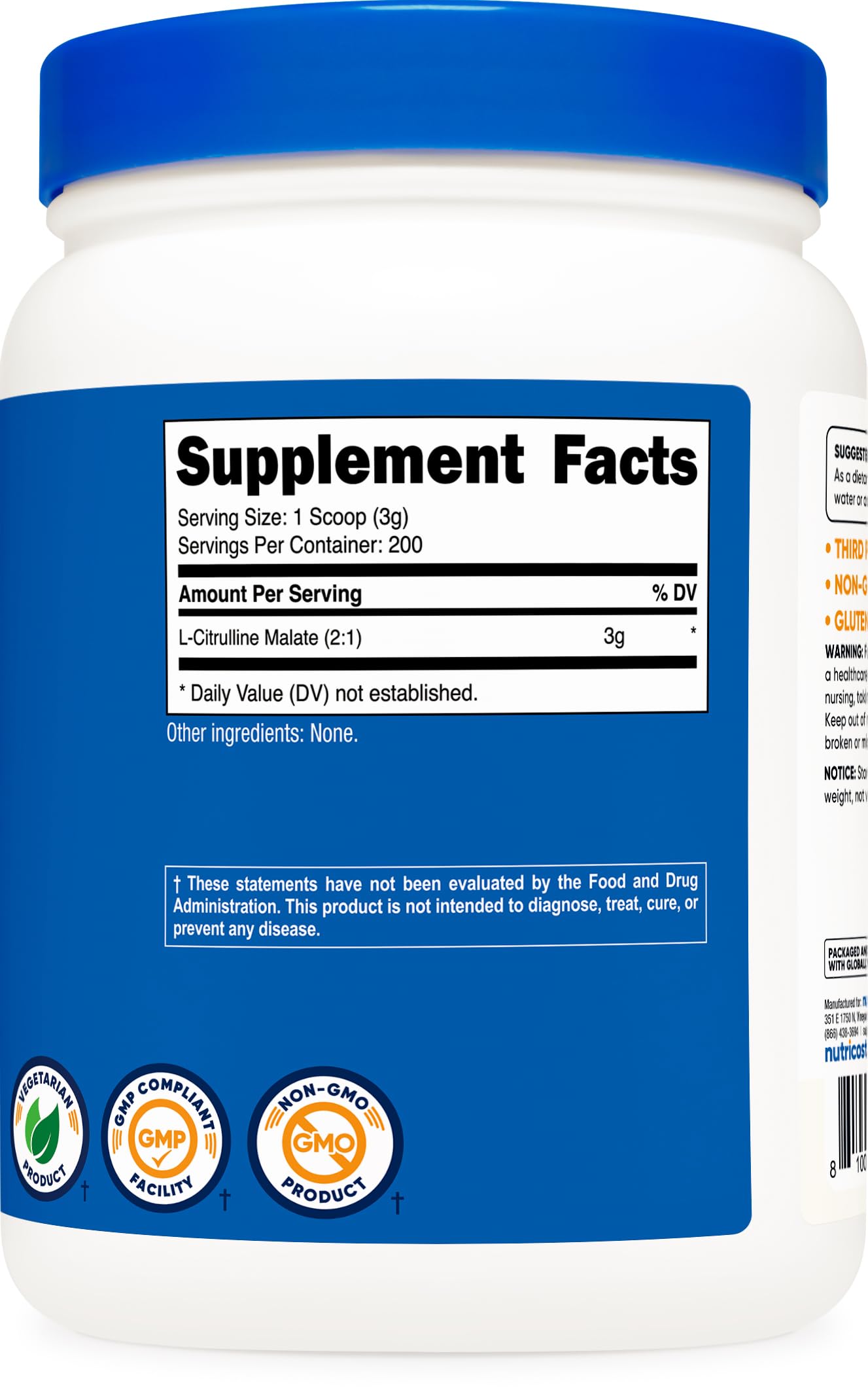 Nutricost L-Citrulline Malate comparación de tamaño del envase y raciones
