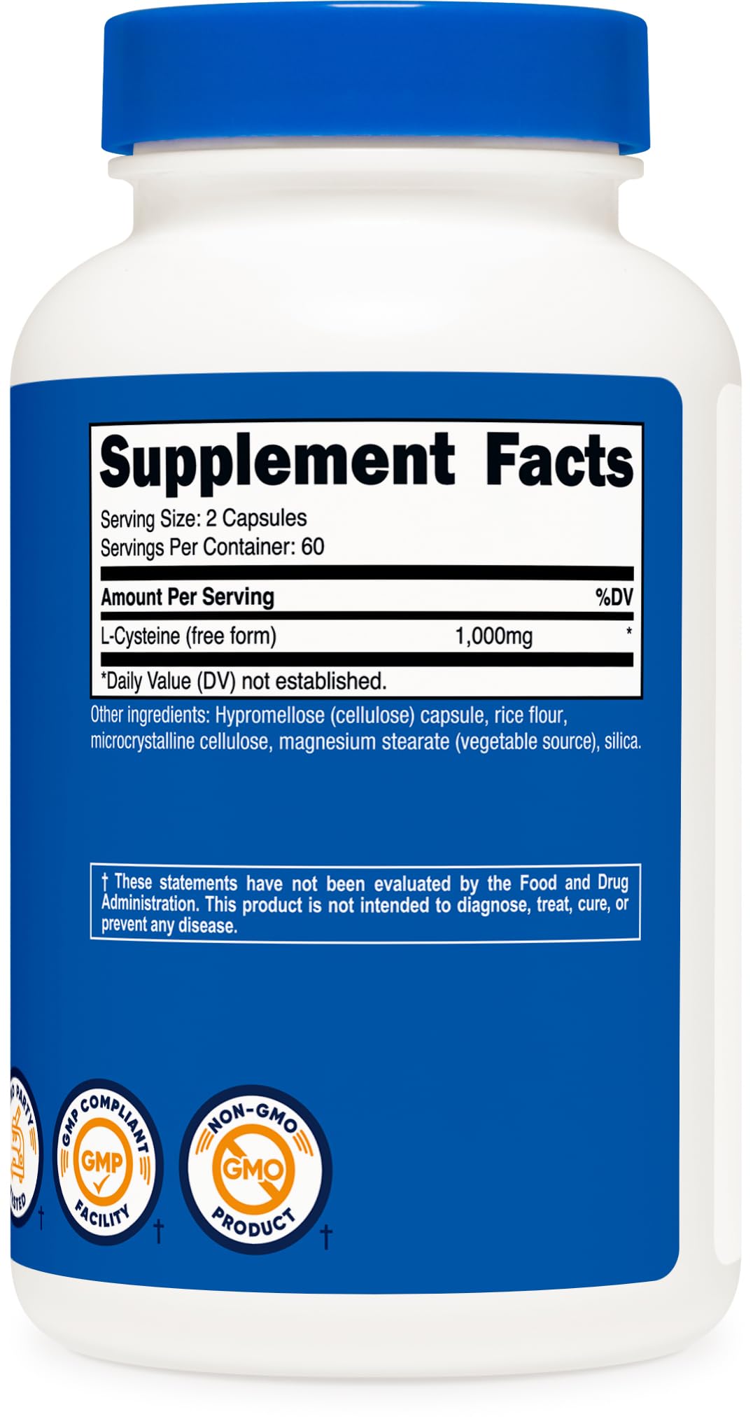 Nutricost etiqueta en detalle destacando 1,000 mg por porción y certificaciones