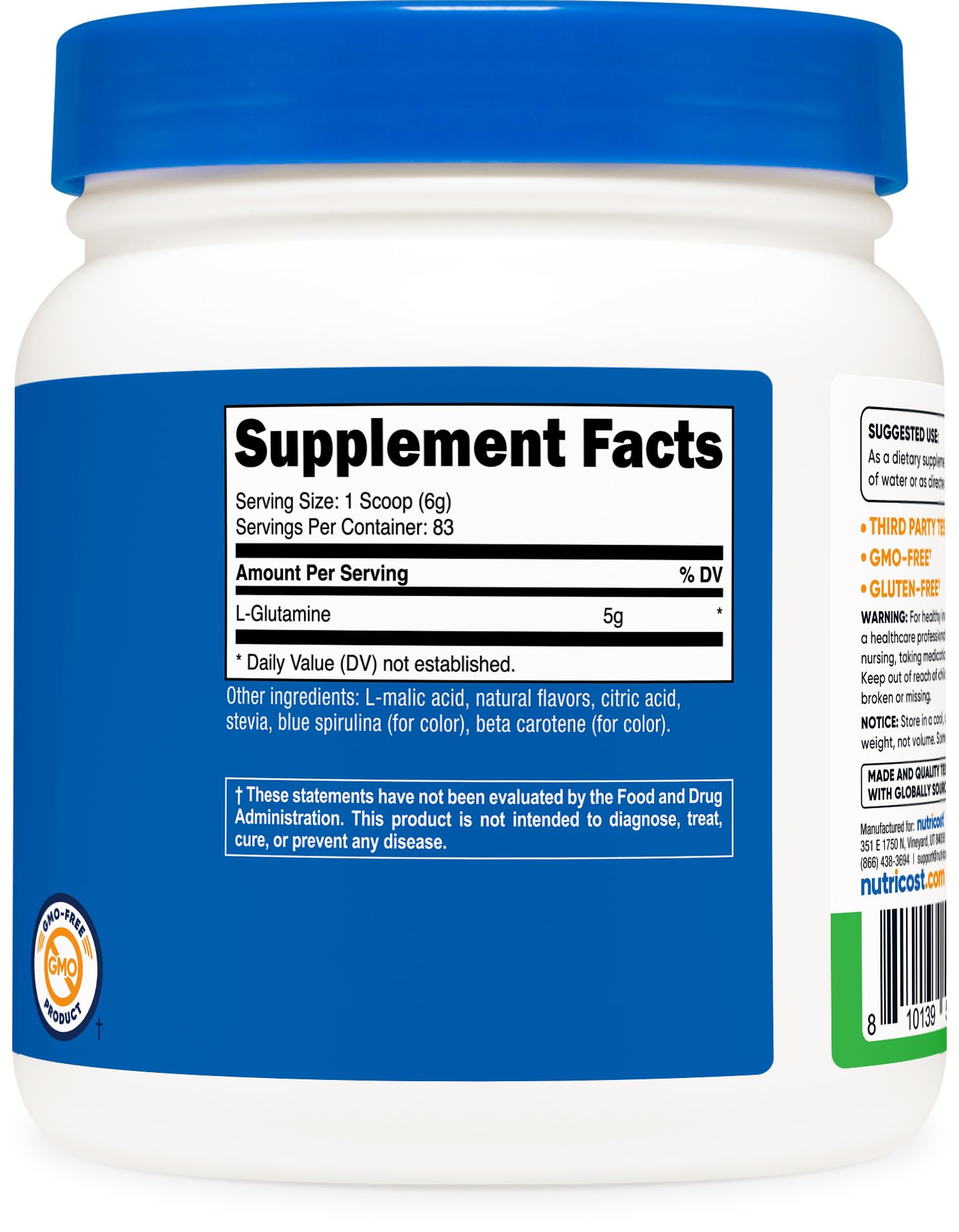 Nutricost etiqueta y sellos NSF GMP, destacando control de calidad y pruebas ISO