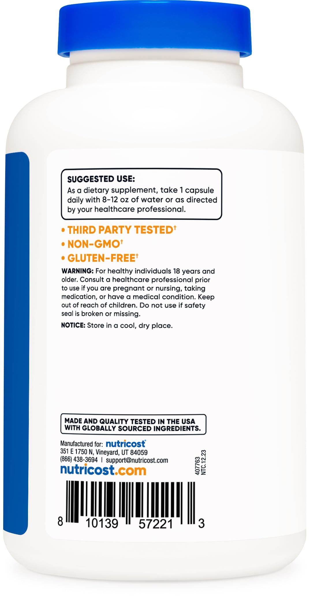 Nutricost detalle de etiqueta con información de 500 mg y libre de gluten